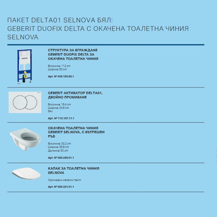 Geberit Selnova Delta01 с конзолна тоалетна чиния - промо пакет