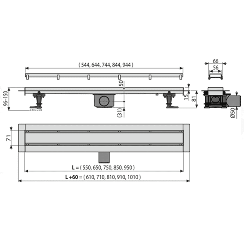 Дизайнът се характеризира с двустранна решетка DOUBLE- от едната страна е плътна решетка, изработена от неръждаема стомана, а от другата страна има възможност за вграждане на плочки или водоустойчиво дърво с дебелина 12 мм APZ13-DOUBLE9- ЛИНЕЕН СИФОН мм.Ф50 С ДВОЕН ДИЗАЙН НА РЕШЕТКАТА