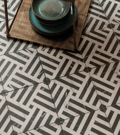 Гранитогрес с геометрични форми Gatsby, мраморна визия в бяла и черна