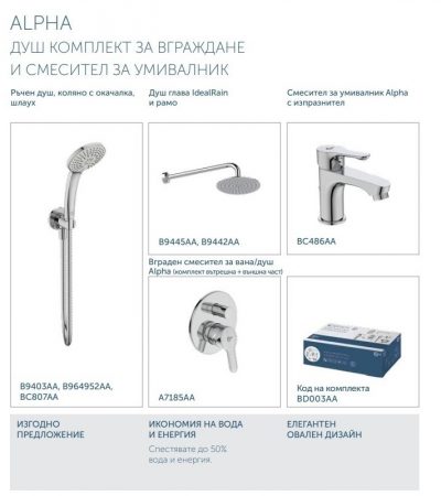 IDEAL STANDARD ALFA BD003AA Промо пакет душ система за вграждане и смесител - Онлайн промоция