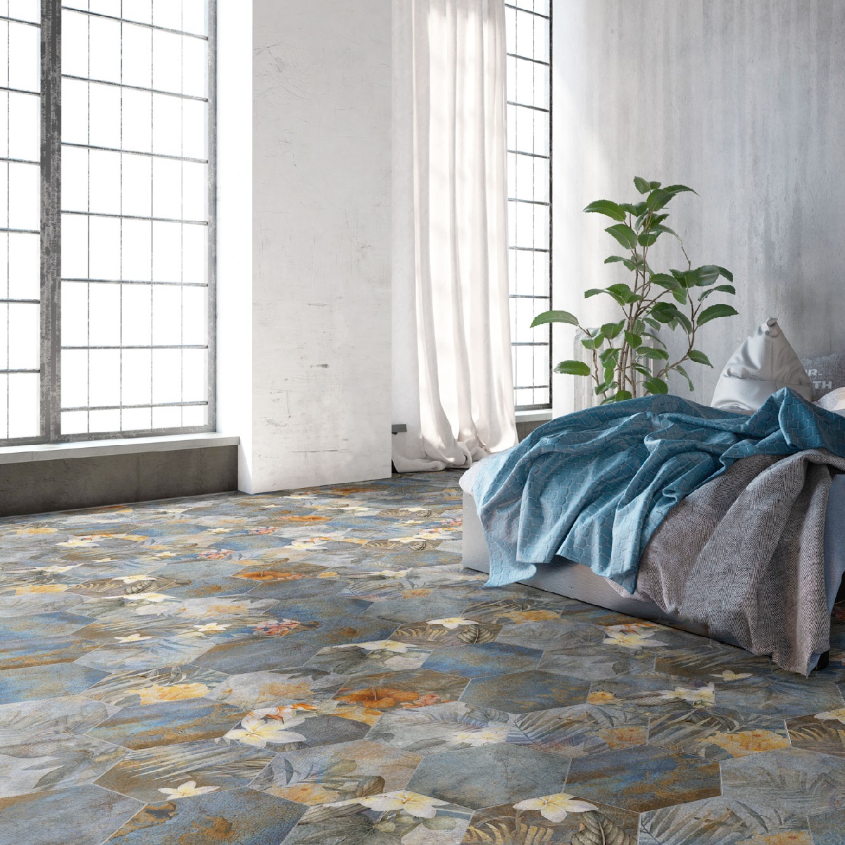 шестоъгълен гранитогрес Хекса Хибискус Блу с цветя