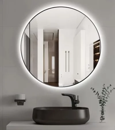 ROCA LUNA кръгло огледало с черна рамка и амбиентно LED осветление 80 см A81242600