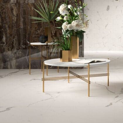 Гранитогрес ALLMARBLE Statuario LUX Код: MMGQ Полирана Гранитогрес ALLMARBLE STATUARIO мат Код: MMGT мат Категория: Подови плочки и Стенни плочки Предназначение: Всякакви помещения Приложение: Вътрешно Повърхност: Размер в см: 60 х 120 Мрамор. Marazzi Italy