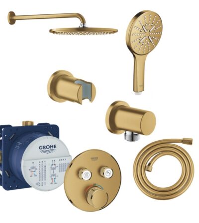 В комплекта ще намерите: - 29 119 GN0 GRT SmartControl THM термостат за вана/душ за вграждане - термостатът осигурява перфектна температура на водата и лесно управление на ваната или душа. - 24 173 GN1 Essence смесител за умивалник М-размер - смесителят е с елегантен дизайн и високо качество на изработка, осигуряващи дълготрайна функционалност. - 26 066 GN0 RSH Cosmopolitan 310 комплект душ пита с рамо за душ, 9,5 l - комплектът включва душ пита с рамо за душ и впечатляващ дизайн, който ще добави стил и комфорт във вашата баня. - 26 574 GN0 RSH SmartActive 130 ръчен душ - ръчният душ е с иновативен дизайн и функции, които ще ви осигурят невероятно преживяване при вземане на душ. - 28 388 GL1 Шлаух за душ 1 750 мм - шлаухът за душ е изработен от висококачествени материали и осигурява гъвкавост и удобство при използване. - 27 057 GN0 Коляно - коляното е необходимо за свързване на различните компоненти на комплекта и осигурява безпроблемна функционалност. - 27 074 GN0 Поставка за душ - поставката за душ е практично и стилно допълнение към вашия душ, осигуряващо удобство и организация. - 35 600 000 GROHE Rapido тяло за вграждане - тялото за вграждане е необходимо за инсталацията на комплекта и осигурява безопасно и надеждно функциониране. Производител на комплекта е Grohe
