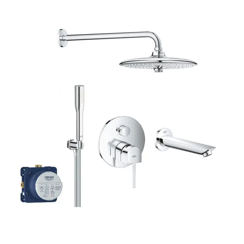 GROHE Plus комплект душ система за вграждане с тристепенен смесител и чучур. Немско качество, модерен дизайн и