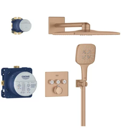 Луксозна душ система за вграждане GROHE Grohtherm SmartControl Cube 34864DL0 в цвят Brushed Warm Sunset – комплект с квадратна душ глава, ръчен душ и термостатен смесител.“