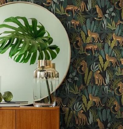 Хекса Лионс Блек Гранитогрес 23х27 Матова повърхност, Декорна плочка с палмови листа и лъвчета. Екзотични детайли.