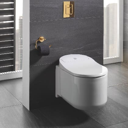 GROHE Hygiene GROHE антибактериално покритие (SIAA Kokin Японски стандарт) антистатично покритие на керамиката с технологията Aquaceramic GROHE power flush: силно промиване на тоалетната, с помощта на технологията GROHE Triple Vortex