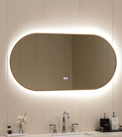 60X120CM, vertical&horisontal optional, 5mm silver mirror copper free, gold aluminous frame, lights on backside, with anti-fog, double round touch switch