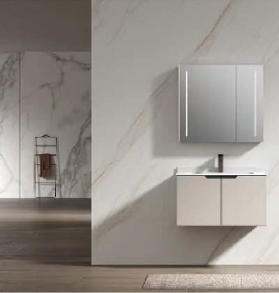 Комплект мебели за баня от PVC - Долен шкаф за баня от PVC - Умивалник от гранитогрес / керамика - Горен шкаф за баня от PVC с LED огледало с функция димиране - Цвят: млечно бял ( бежово-сив )