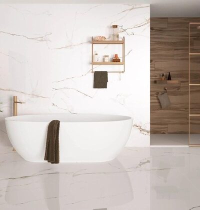 Испански гранитогрес с размер: 60/120 с матова или полирана повърхност. Гранитогрес с мраморна визия в бяло и златно