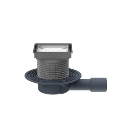 Видима част за вграждане на индивидуална плочка с размери 104 x 104 мм и с рамка от неръждаема стомана 132 x 132 мм V4A (стомана AISI 316) издържа на киселини и хлорни препарати. • С фланец, но без гарнитура за хидроизолация. • Дебит 0,43 l/s при 20 мм воден стълб над решетката, осигурен от 2% наклон към сифона (2 см на 1 метър в зоната на душ-пространството). • Може да се срязва по височина и регулира от 10 мм до 80 мм. Сифон за баня, воден затвор Primus Blue, за индивидуална плочка HL HL90PrBlue-3020