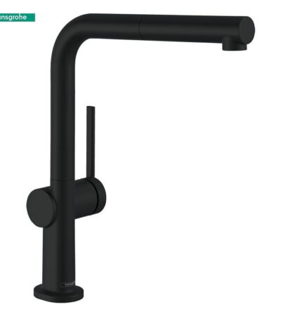 Черен кухненски смесител с издърпващ се струйник HANSGROHE Talis M54 270 72808670, който съчетава изискан дизайн с функционалност. Смесителят предлага ComfortZone 270 и L-образен чучур, което гарантира удобство при използване, а изтеглящият се чучур улеснява всички дейности - от измиването на зеленчуци до почистването на кухненската мивка. Стилният матово черен цвят придава модерен и елегантен вид, като същевременно е практичен и лесен за поддръжка. Обхватът на завъртане на чучура може да се регулира в четири степени - 60°, 110°, 150° или 360°, което осигурява гъвкавост и удобство при употреба. Смесителят разполага с ламинарна струя за ефективно и икономично използване на водата. Инсталацията е улеснена благодарение на маркучите за бързо свързване, включени в комплекта, а керамичният патрон гарантира дълготрайност и безпроблемна работа. Смесителят е снабден с регулируемо ограничение на максималната температура и интегриран възвратен клапан, което повишава безопасността при употреба. Подходящ е за проточни бойлери и разполага с удължение до 50см, което допълнително увеличава обхвата на работа.