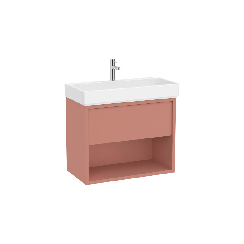 Модул: • Механизъм за отваряне и затваряне: Чекмедже със система Soft Close • Комбинация врати/чекмеджета: 1 чекмедже • Конструкция: Чекмедже Мивка: • Отвори за смесител: 1 отвор, разположен централно • Без преливник • Позиция на мивката: Централна • Монтаж на смесител: Върху мивката Монтаж: • Закачане на стена (конзолен монтаж) Материали: • Модул: MDF • Мивка: Санитарен порцелан • Допълнителни характеристики: Включен сифон за спестяване на пространство