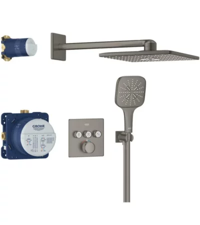 „GROHE Grohtherm SmartControl Cube 34864AL0 – душ система за вграждане Brushed Hard Graphite с квадратен дизайн и два душа“
